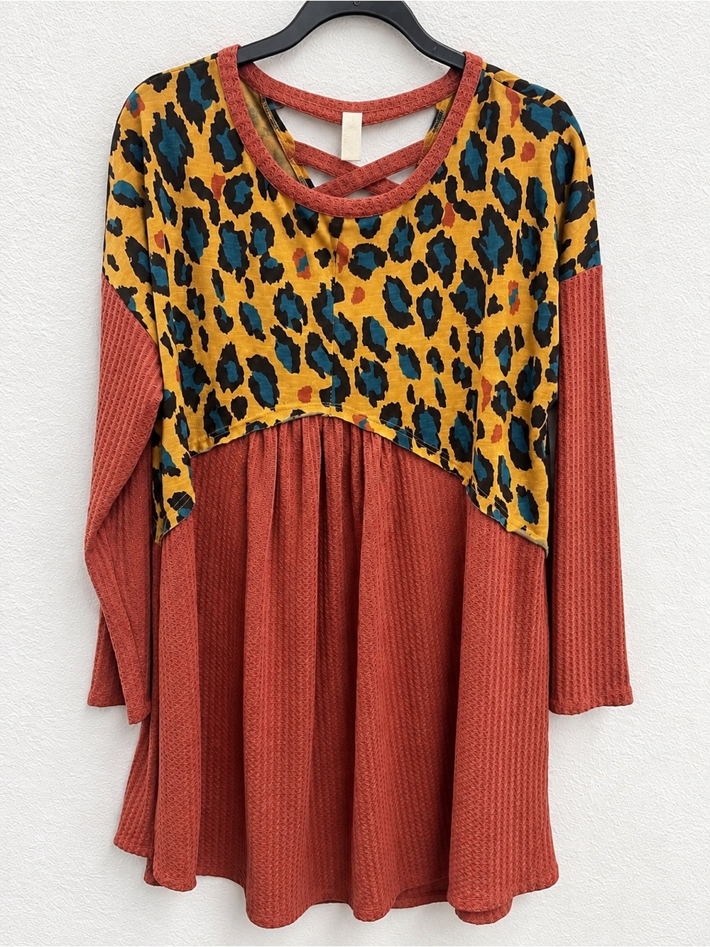 Umgee Rust Waffle Knit Dress with Mustard Leopard Yoke